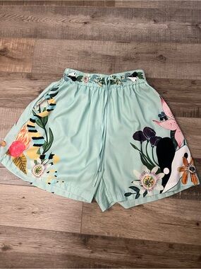 Bold botanical linen blend Women's Drawstring Shorts Sz S EUC